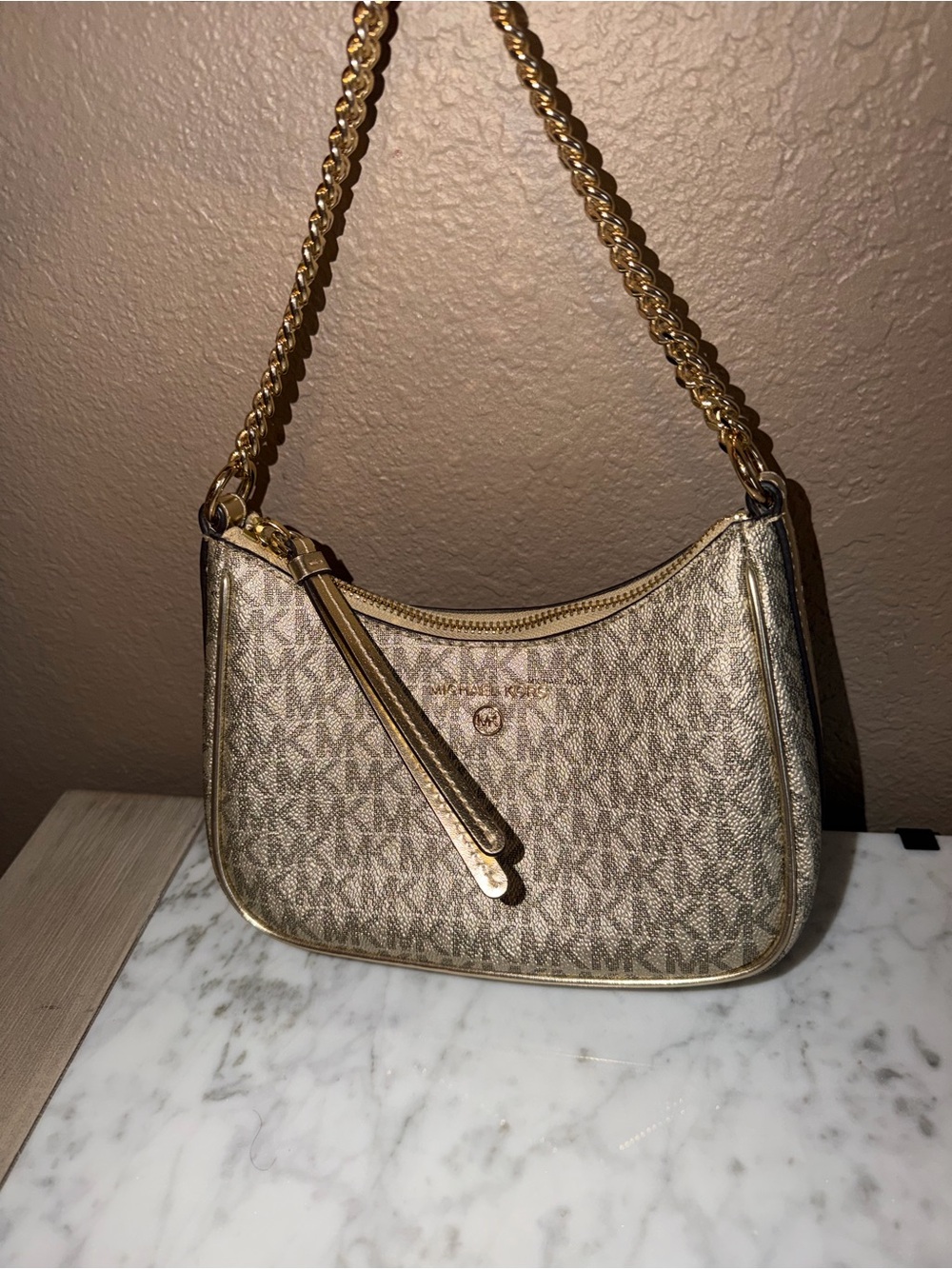 Michael Kors Gold Monogram Chain-Handle Shoulder Bag